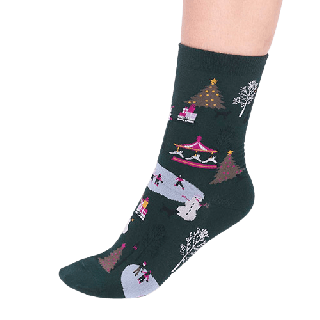 Thought Gloria GOTS Organic Cotton Christmas Scene Sock Forest Green 4-7UK